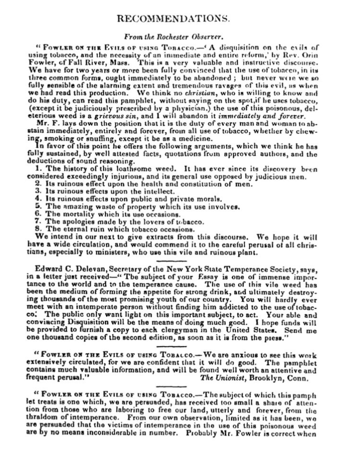 Endorsement page with testimony of <em>The Unionist</em> for Orin Fowler's <em>A Disquisition on the Evils of Using Tobacco</em>