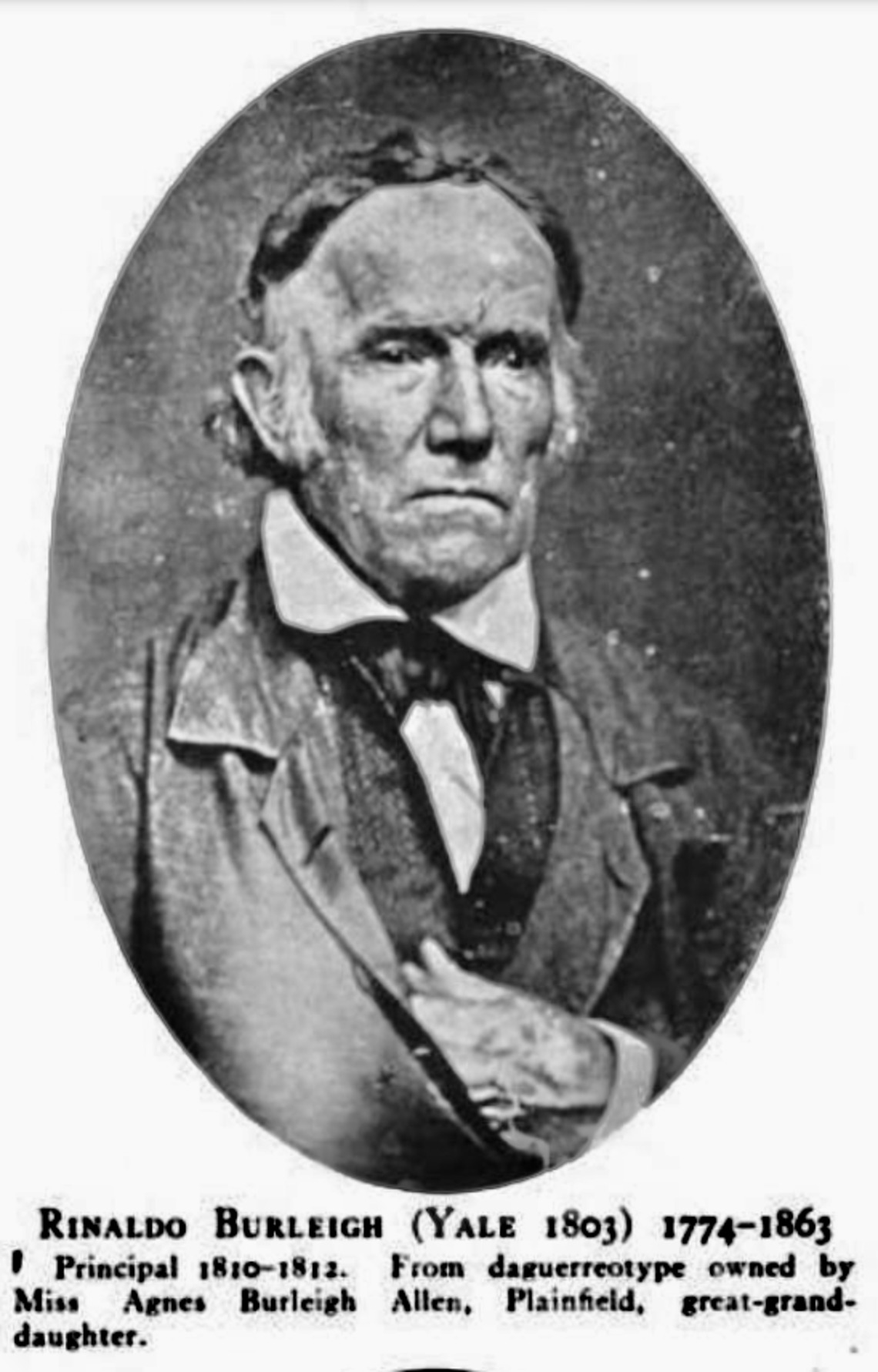 Daguerretype of Rinaldo Burleigh (1774-1863), father of <em>The Unionist</em> editors Charles C. and William H. Burleigh, and Prudence Crandall's co-teacher Mary Burleigh.