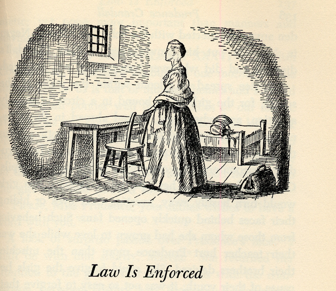 This drawing of Crandall in prison portrays her as being Quaker (which she no longer was), as being alone (Anna Benson was with her), and with her hair cut as if she was going to be beheaded! But it was exactly this sort of outrage that fueled many of the articles in the compendium that follows - the imprisonment of a woman for the crime of teaching, struck a deep chord of disbelief and indignation. 