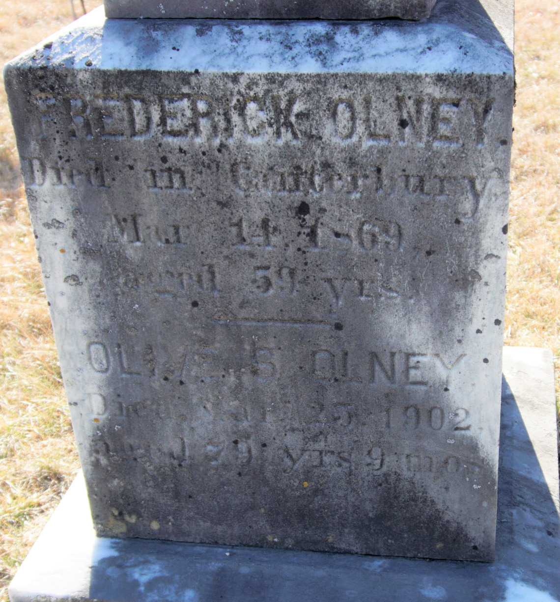 Gravestone of Frederick Olney and his wife, Olive Harris Olney, sister of Sarah and Mary Harris. I remain suspicious that Olive was a student at the Canterbury Female Academy. She later became a teacher in New London.
