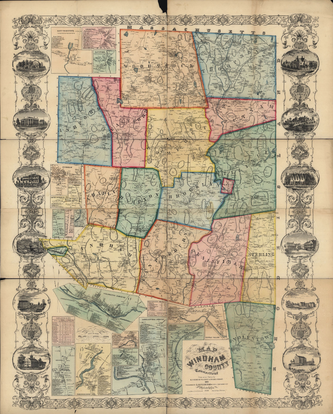 Map of Windham County. Note proximity of Canterbury (location of the school), Brooklyn (location of <em>The Unionist</em> and the courthouse and jail), and Plainfield (home of the Burleigh family).